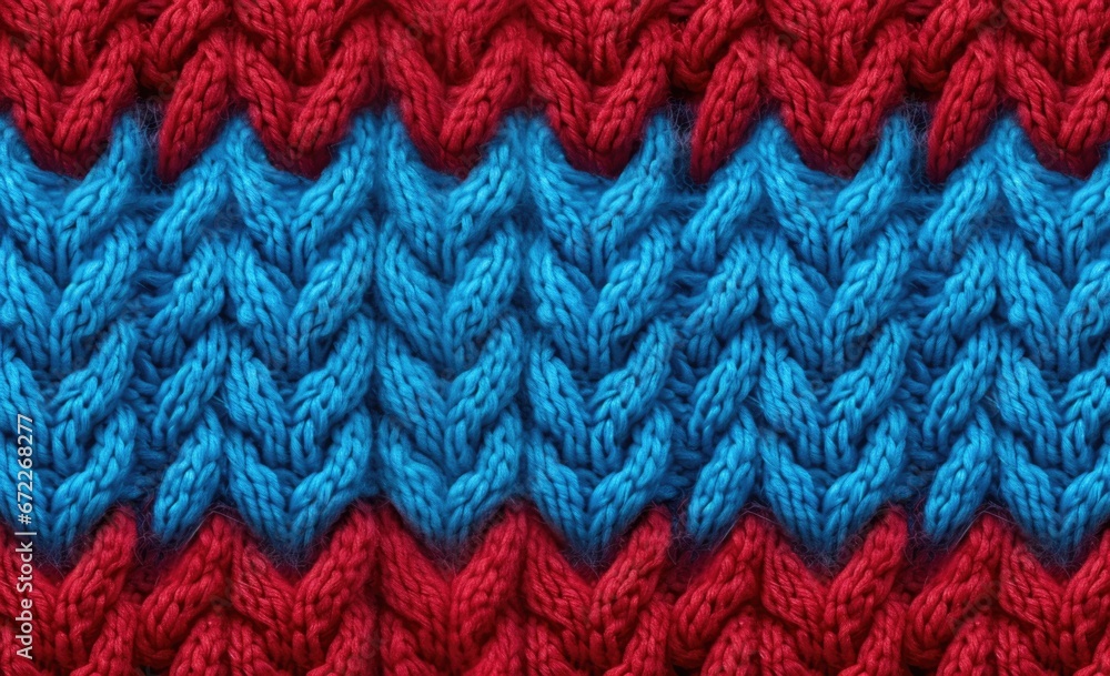 Seamless texture of red, blue knitted fabric with pigtails. Knitted background