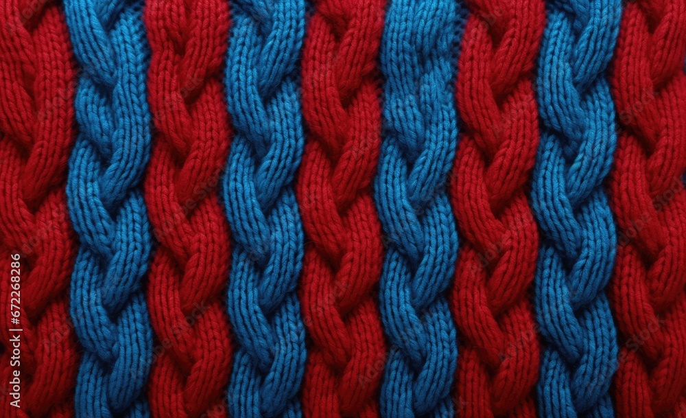Seamless texture of red, blue  knitted fabric with pigtails. Knitted background