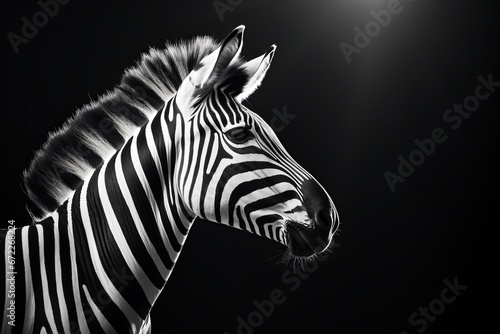 A zebra head in front of a black background