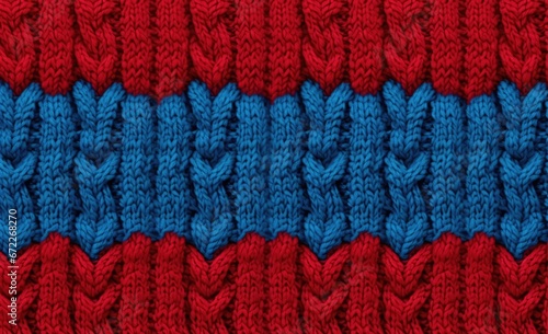 Seamless texture of red, blue knitted fabric with pigtails. Knitted background