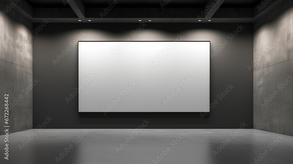 exhibition hall interior with illuminated empty white mock up banner on concrete wall, frames on wall, white blank screen, Generative AI exhibition hall interior with illuminated empty white mock up banner on concrete wall, frames on wall, white blank screen, Generative AI