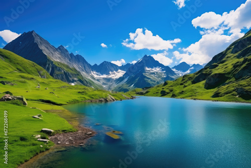 Beautiful mountain landscape, magnificent river against the backdrop of forest, mountains and hills.