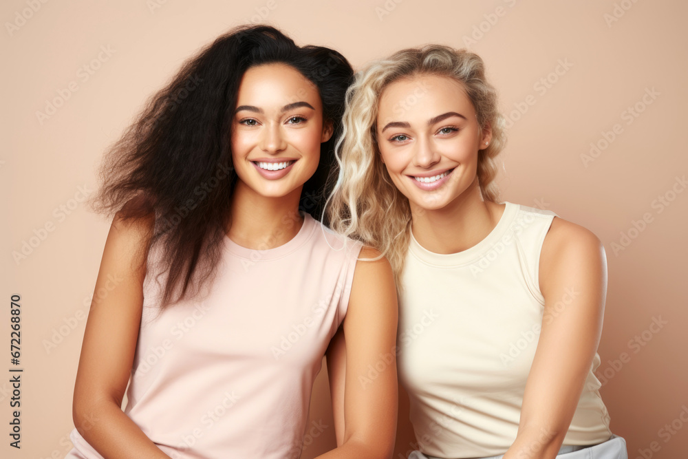 Two happy diverse women, sporty girls, friends, multi-ethnic models Two happy diverse women, sporty girls, friends, multi-ethnic models