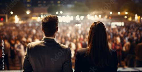 two businesspeople with backs towards the audience