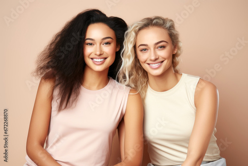 Two happy diverse women, sporty girls, friends, multi-ethnic models
