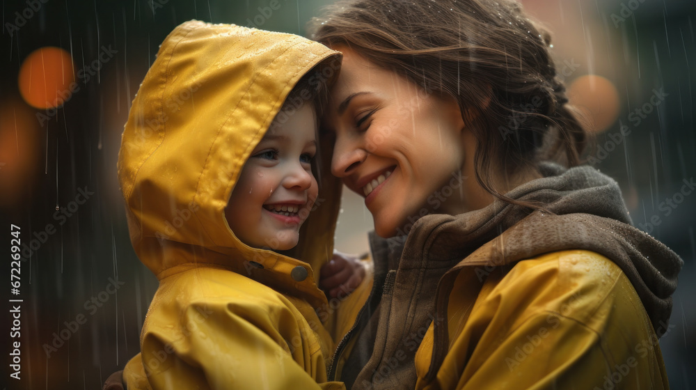 Young beautiful woman with pretty little daughter in park under rain. Mother and daughter together. Friendly family being happy and cheerful. Family outdoor in rain. Young beautiful woman with pretty little daughter in park under rain. Mother and daughter together. Friendly family being happy and cheerful. Family outdoor in rain.