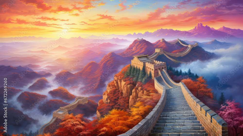 oil painting on canvas, Great wall under sunshine during sunset, China.