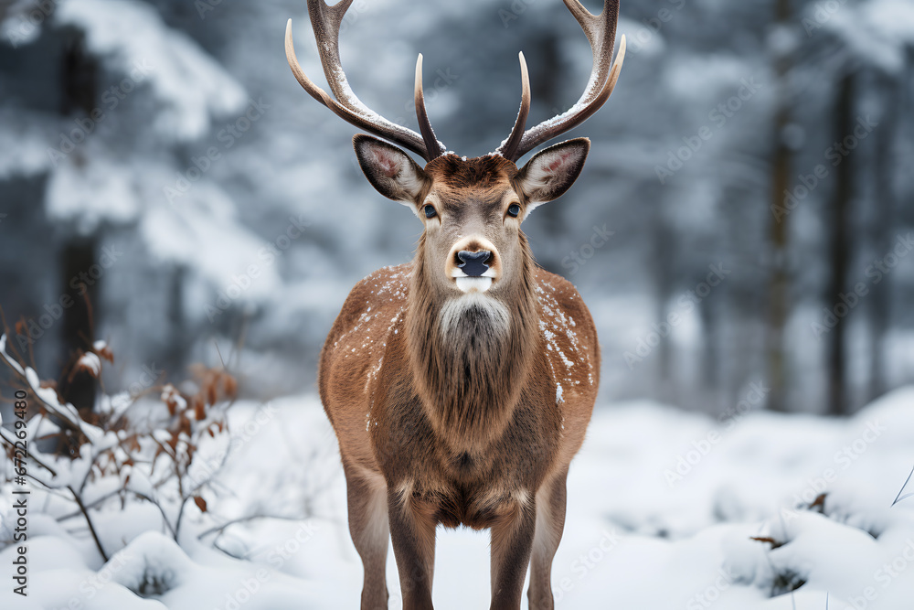 Red deer in winter forest ai generated art. Red deer in winter forest ai generated art.
