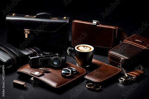 business style with cup of coffee, gadgets, car key, cufflinks, sunglasses, briefcase and other luxury businessman attributes on leather black background, fashion industry