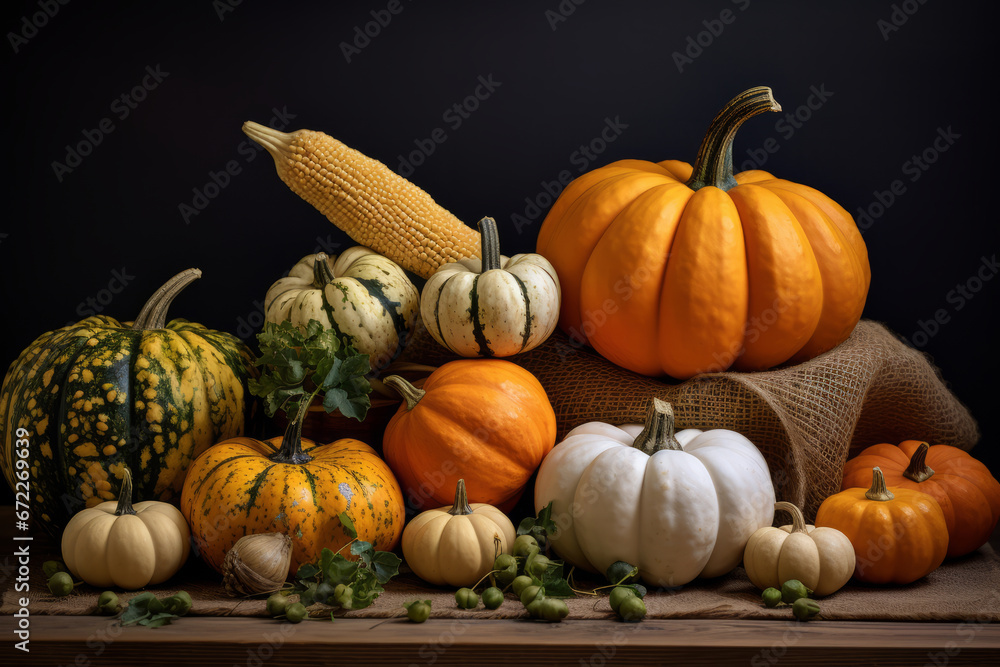 Autumn Thanksgiving Delight: Decorative Pumpkins Composition Autumn Thanksgiving Delight: Decorative Pumpkins Composition