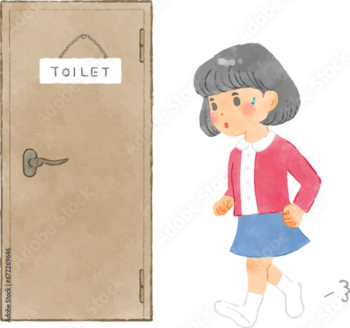 水彩画のトイレに急ぐ女の子