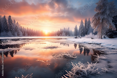 Sunset reflect in frozen lake in winter forest ai generated art