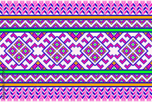 Cross Stitch Pixel Pattern. Ethnic abstract art. Seamless pattern in tribal, folk embroidery, and Mexican style. Aztec geometric ornament print. Design for carpet, wallpaper, clothing, textile.