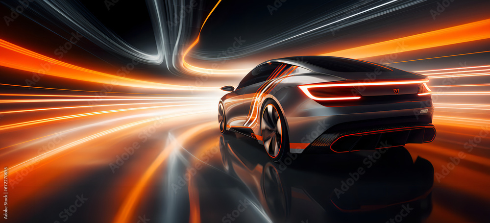 Fast moving car, rear view, modern, electric car future