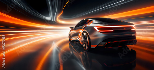 Fast moving car, rear view, modern, electric car future © PHdJ