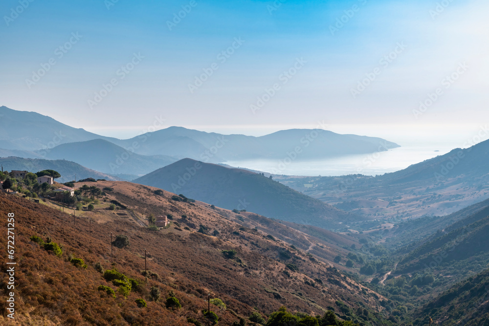 View of mountain landscape with layers, Corsica, France