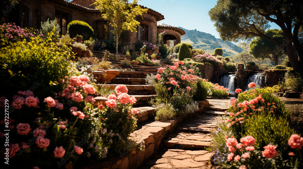 Garden Paradise on a Slope: Stone Retaining Walls, Cascading Waters, and Diverse Floral Displays. Generative AI.