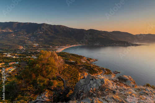 Sunset landscape with Plage du Sagnone, Corsica island, France