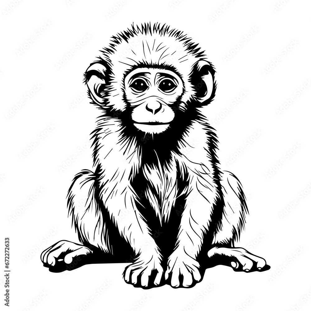 cute baby baboon Monochrome illustration, baby baboon silhouette design, Generative AI. cute baby baboon Monochrome illustration, baby baboon silhouette design, Generative AI.