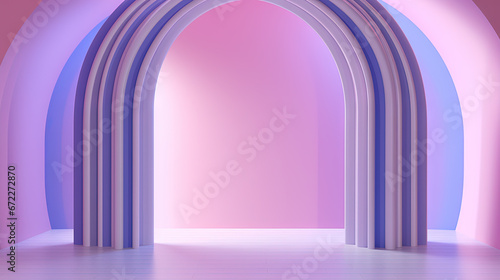 Abstract pink room with arch. Surreal architectural abstraction in pastel colors.