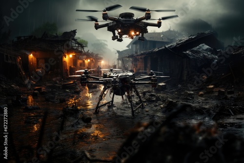 Combat war drones soaring in a war zone, illustrating modern warfare technology.
