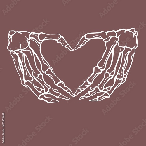 Hand gesture, skeleton hands folded in a heart, heart gesture, black and white line drawing, for t-shirt design