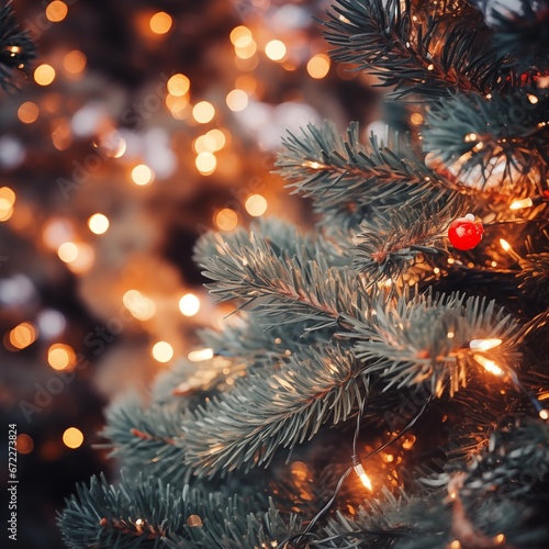 A close-up of a garland among the branches of a Christmas tree