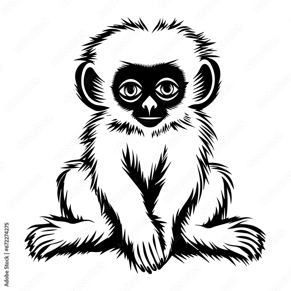 baby gibbon Monochrome illustration, cute baby gibbon silhouette design, Generative AI.