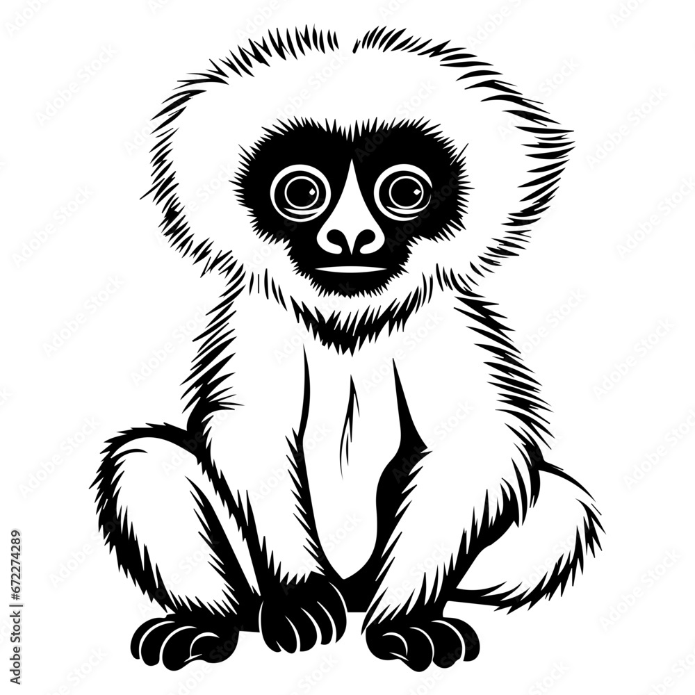 baby gibbon Monochrome illustration, cute baby gibbon silhouette design, Generative AI. baby gibbon Monochrome illustration, cute baby gibbon silhouette design, Generative AI.