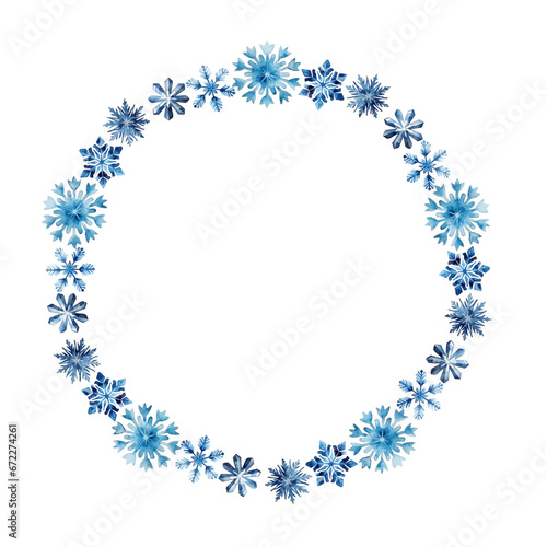 Round frame watercolor winter snowflake for greeting card decor on white background
