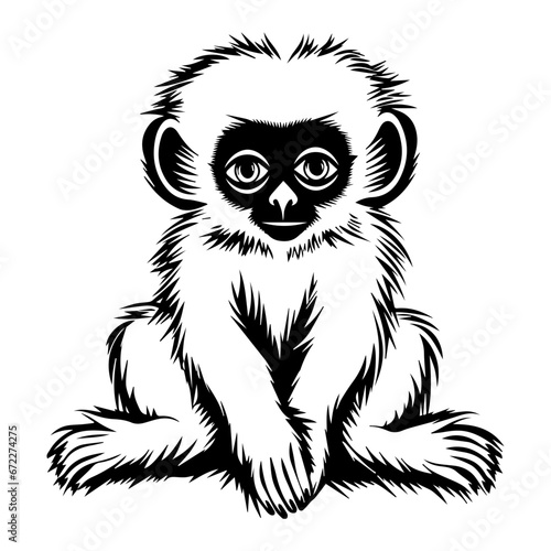 baby gibbon Monochrome illustration, cute baby gibbon silhouette design, Generative AI.