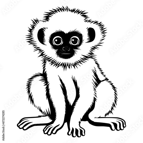 baby gibbon Monochrome illustration, cute baby gibbon silhouette design, Generative AI.