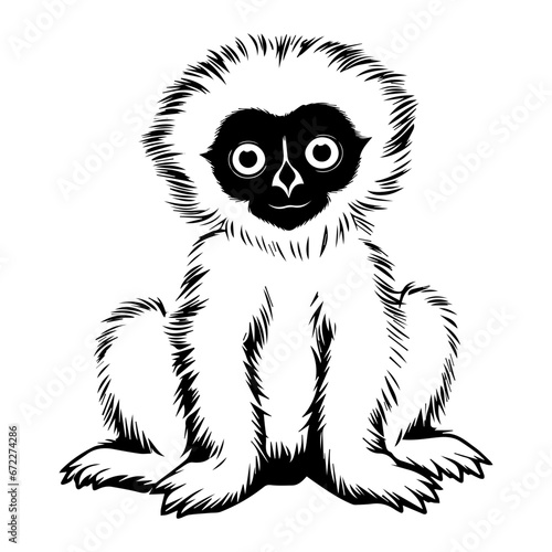 baby gibbon Monochrome illustration, cute baby gibbon silhouette design, Generative AI.