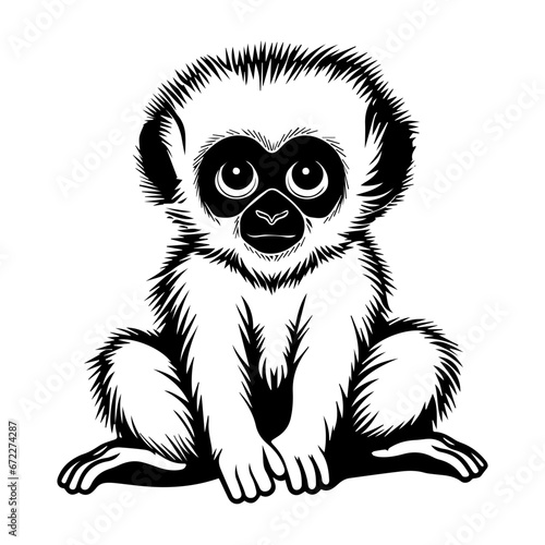 baby gibbon Monochrome illustration, cute baby gibbon silhouette design, Generative AI.