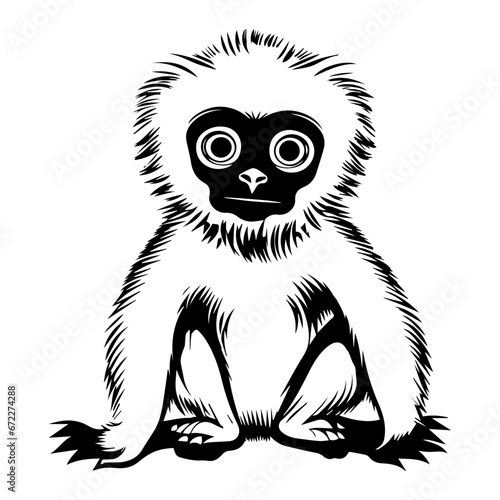 baby gibbon Monochrome illustration, cute baby gibbon silhouette design, Generative AI.
