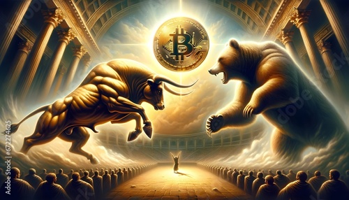 A muscular bull and bear in mid-air confrontation, set within a grand Roman-like coliseum.