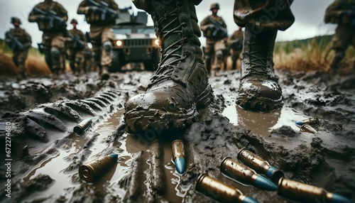 Muddy military boots step through a puddle, leaving deep impressions in the wet soil. photo
