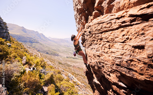 Fitness, rock climbing and explore with woman on mountain for sports, adventure and challenge. Health, workout and hiking with person training on cliff for travel, freedom and exercise mockup