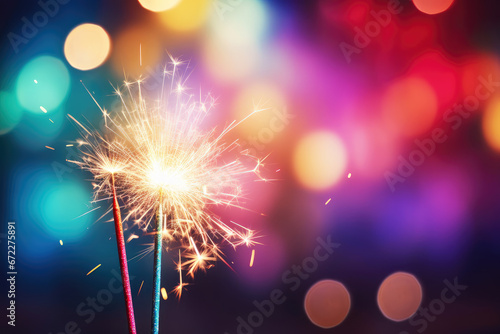 Burning sparkler on festive background with multicolor bokeh