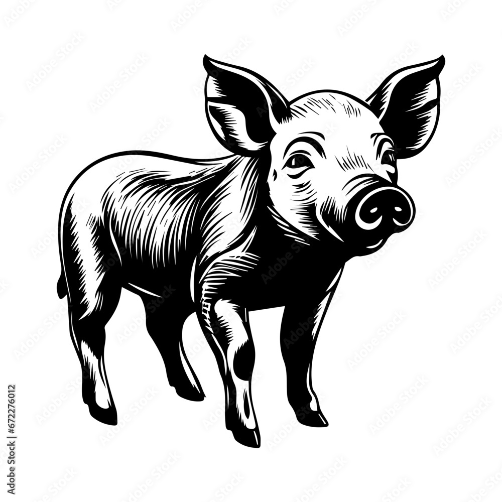 cute baby pig Monochrome illustration, Pig silhouette design, Generative AI.