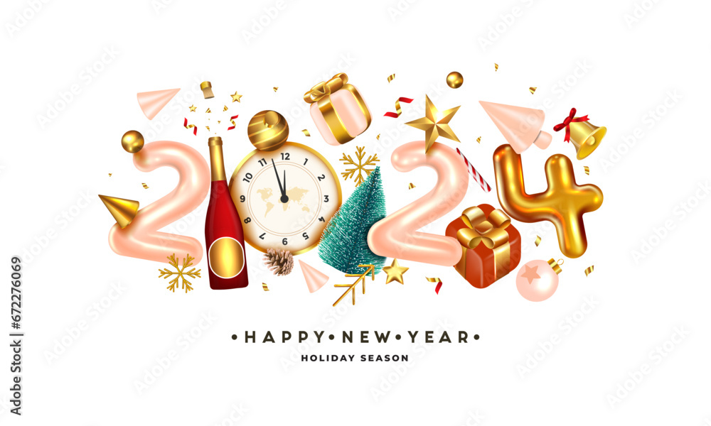 Happy New Year 2024. Golden metal number on white background. Realistic 3d render sign. Festive realistic decoration. Celebrate party 2024, Web Poster, banner, cover card, brochure, flyer, layout desi Happy New Year 2024. Golden metal number on white background. Realistic 3d render sign. Festive realistic decoration. Celebrate party 2024, Web Poster, banner, cover card, brochure, flyer, layout desi