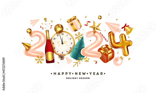 Happy New Year 2024. Golden metal number on white background. Realistic 3d render sign. Festive realistic decoration. Celebrate party 2024, Web Poster, banner, cover card, brochure, flyer, layout desi