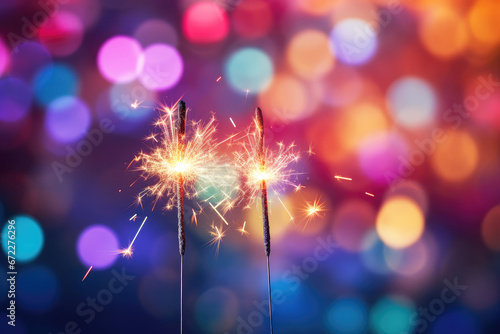 Burning sparkler on festive background with multicolor bokeh