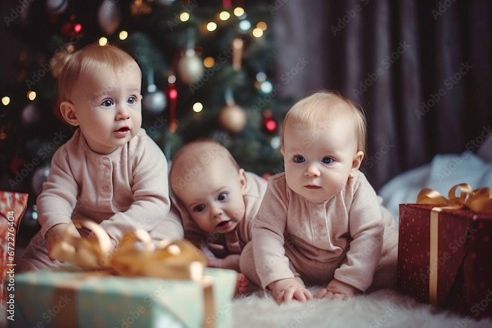Happy group of infant children near a Christmas tree decorated with toys with New Years gifts. AI generated.