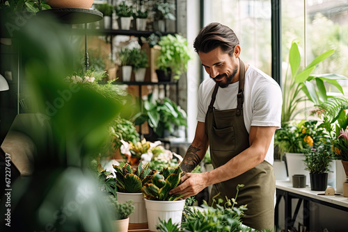 Male florist working in indoor potted plant store