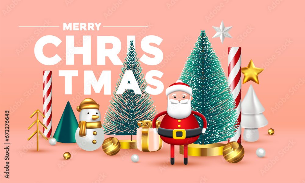Fototapeta premium Christmas composition with white, green and gold Christmas trees, Snowman and traditional Santa Claus in red clothes. Vector 3d illustration