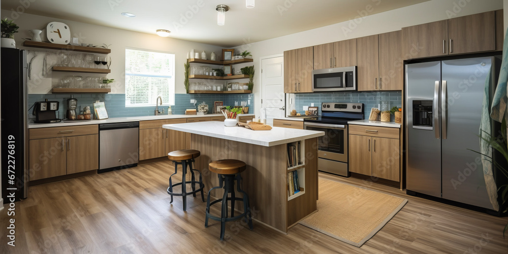 Empty kitchen in wood look with large windows Empty kitchen in wood look with large windows
