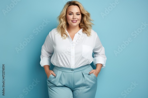 confident and calm beautiful happy blonde woman plus size model posing on blue background photo