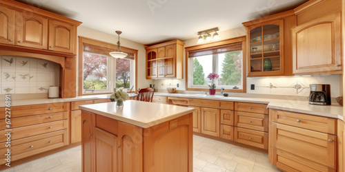 Empty kitchen in wood look with large windows