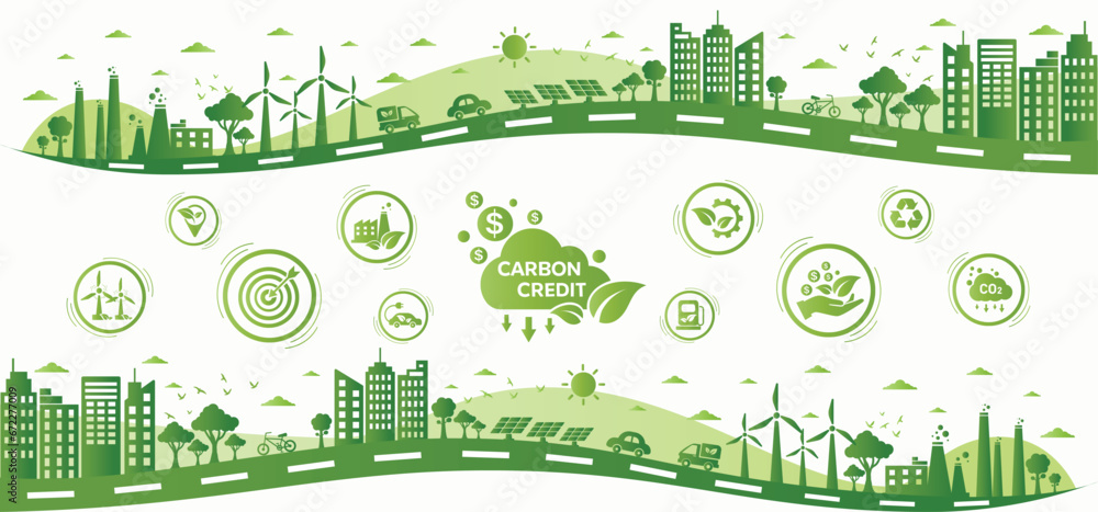 The concept of carbon credit with icons. Tradable certificate to drive industry and company to the direction of low emissions and carbon offset solution. Green vector illustration template. - obrazy, fototapety, plakaty 